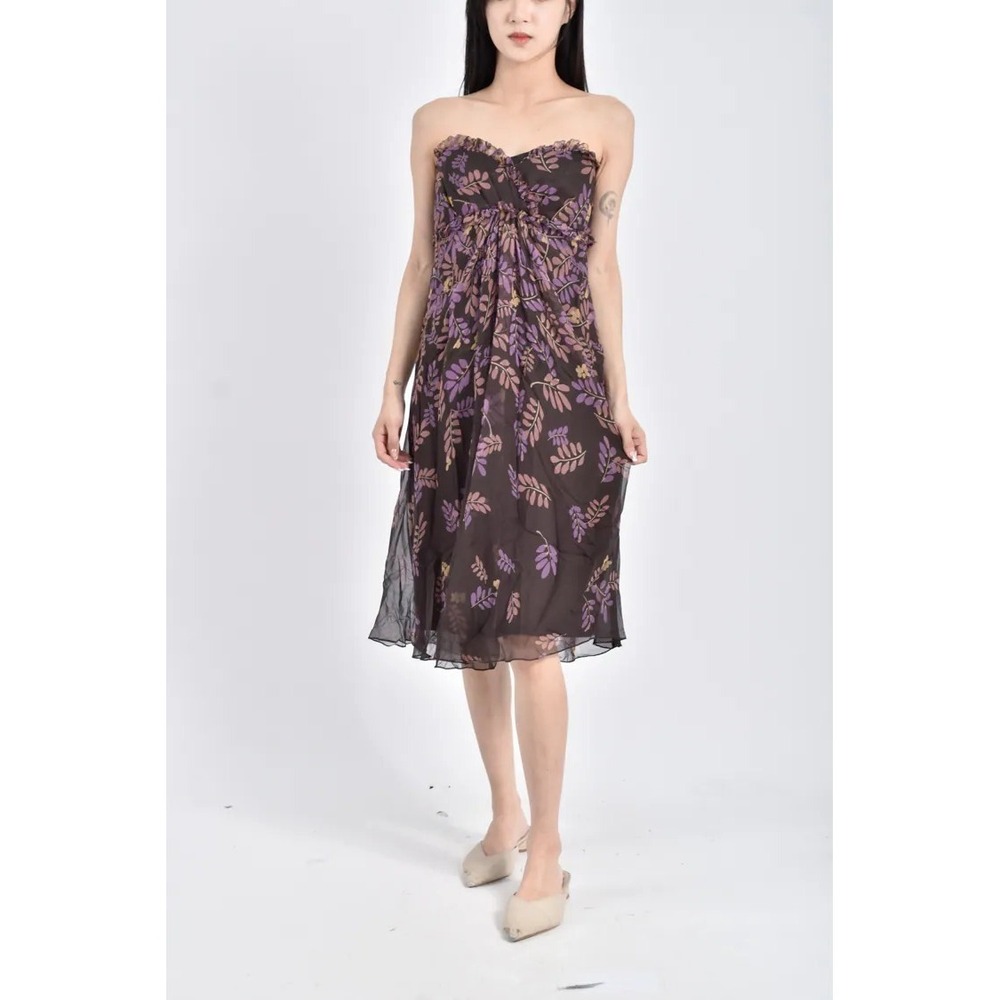VERA WANG 2 Strapless‎ Silk Chiffon Dress Earthtones Leaf Print Designer Boho